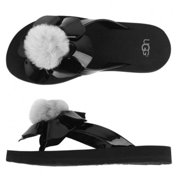 UGG Shoes - NEW UGG Women Poppy Black Patent Sheepskin Fur Pompom 3D Flower Flip Flop Dress